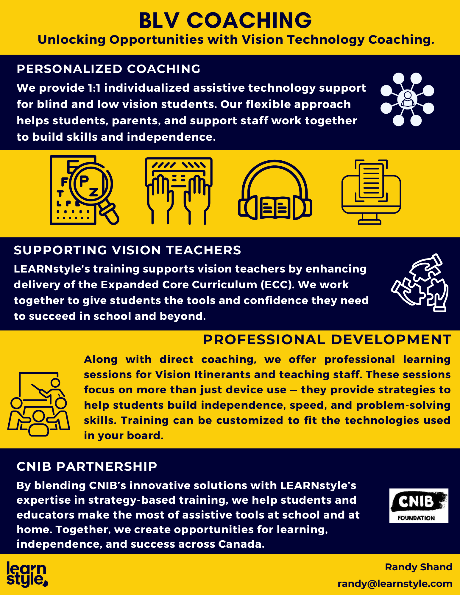 Photo of Flyer cover for BLV Coaching — educational support services overview in dark blue and yellow bands