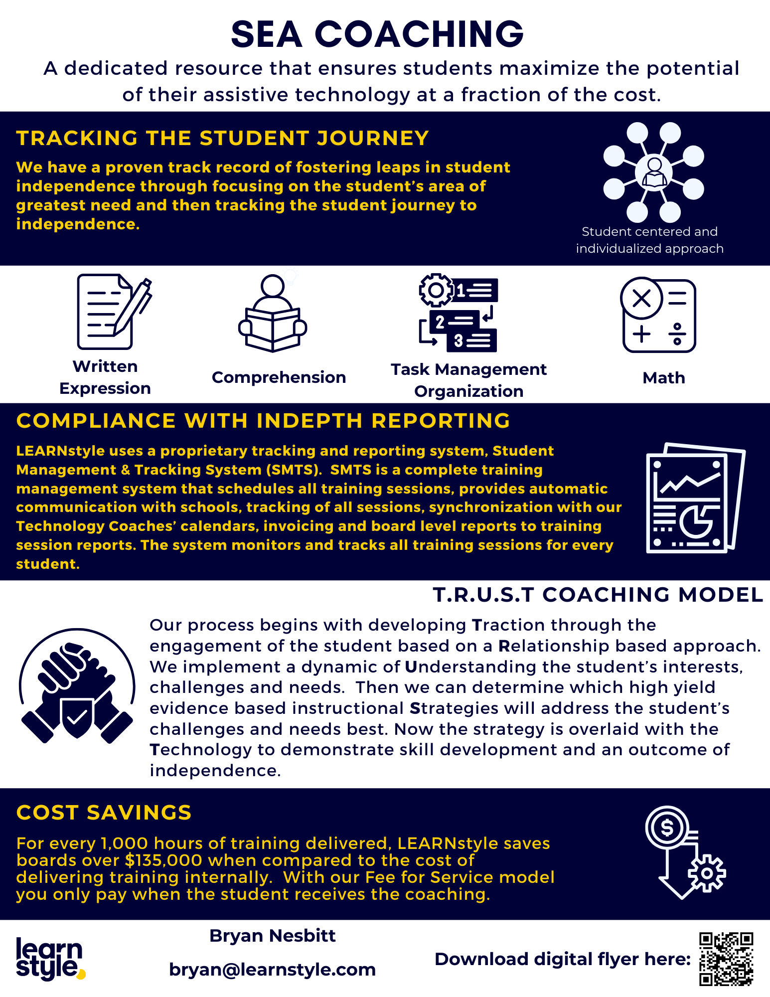 Photo of Flyer cover for SEA Coaching — specialized educational services overview. - White and dark blue bands