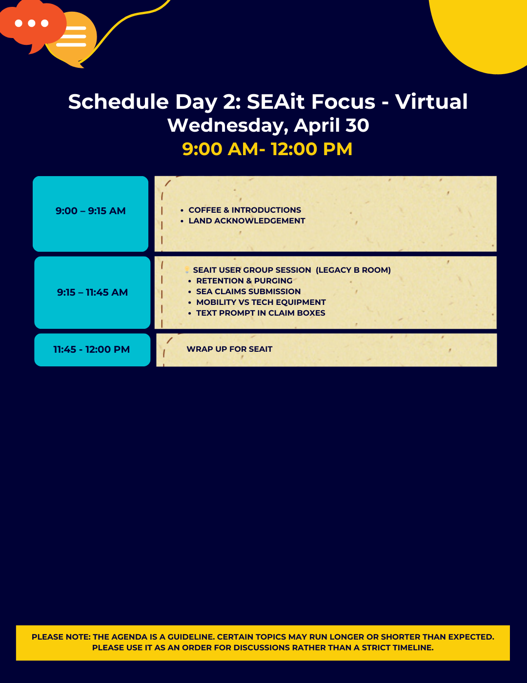 Virtual Schedule for Day 2 of the User Group: Focus on SEAit