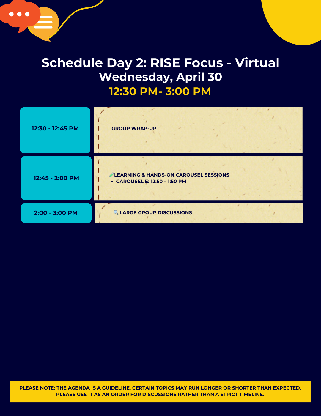 Virtual Schedule for Day 2 of the User Group: Focus on RISE